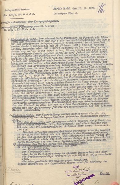 Aktenauszug Hauptstaatsarchiv Dresden: Mit der Verfügung vom 24. März 1916 wurde die Reduzierung der Fleischration für Kriegsgefangene angeordnet.