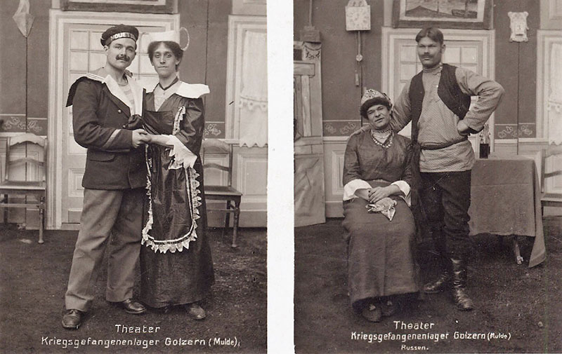 Spielten zunächst nur die theaterbegeisterten Franzosen ihre Boulevardstücke vom Ende des 19. Jh, so zogen die russischen Kriegsgefangenen bald nach. Die Theatergruppe gab sich den Namen „Theatre du camp de Prisonniers de Golzern“.