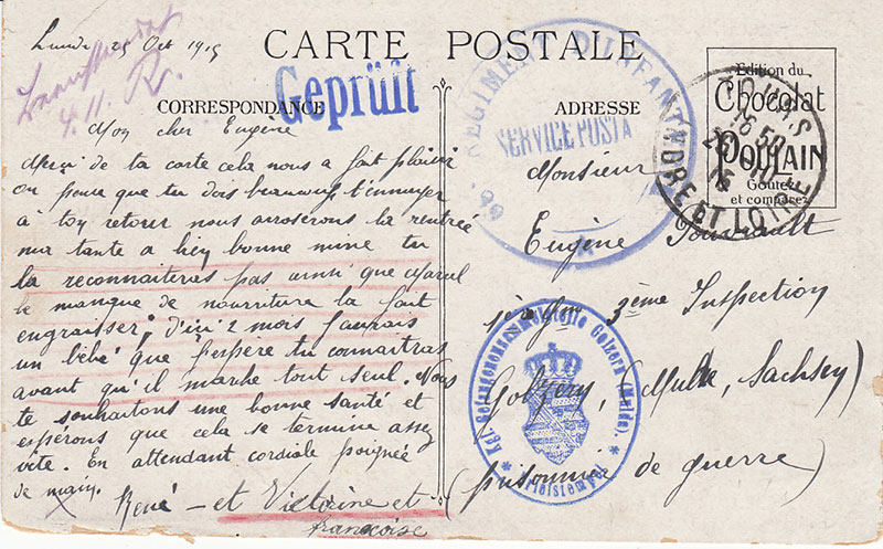 Postkarte aus der Sammlung Hans Richter mit dem Prüfungsvermerk „Beanstandet“. Victorine et Francoise ist eine Anspielung auf den französischen Sieg („francais“ = französischen, „victoire“ = Sieg) und nicht der Absender.