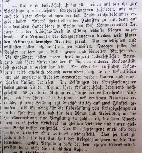 Artikel aus den Nachrichten für Grimma vom 24.5.16: Um die Arbeitsleistungen der Kriegsgefangenen zu steigern, setzte man auf positive Anreize wie z.B. den Akkordlohn in der Industrie.