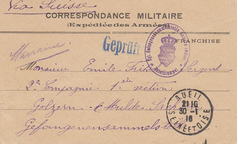 Postkarte aus der Sammlung Hans Richter: In Frankreich und in der Schweiz rief man zur Übernahme von „Kriegspatenschaften“ auf. Die Postprüfer zogen die sich häufende Korrespondenz mit der Kennzeichnung „mariane“ (Pate) ein.
