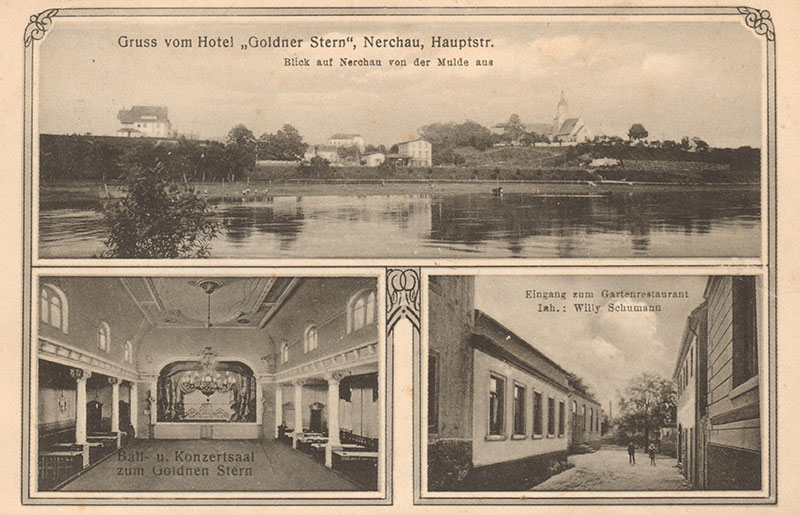 Der Gasthof zum Goldenen Stern, Postkarte um 1910 (Peter Fricke). Im großen Ballsaal l. u. war der größte Teil der Ausstellung untergebracht.