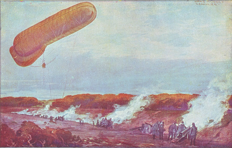 Ein dt. Fesselballon im Einsatz, Postkarte ca. 1915 (Peter Fricke) Wie in diesem Bild von H.R. Schulze zu sehen wurden die meisten Ballons in der ersten Kriegshälfte zur Artilleriebeobachtung eingesetzt, um die Wirkung der eigenen Batterie zu beobachten und das Feuer zu leiten.