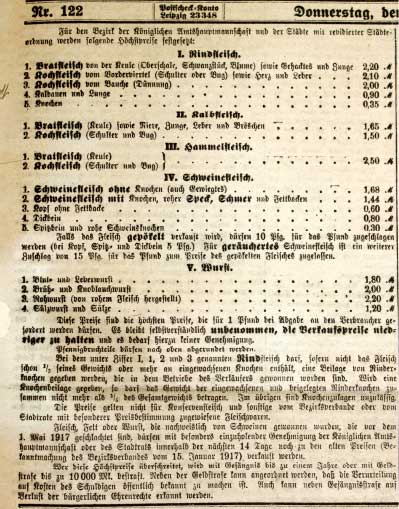 Fleischpreise, Nachrichten für Grimma Sept. 1915. Die Versorgung mit Fleisch konnte auch mit der Rationierung durch Lebensmittelkarten nicht sichergestellt werden. Die Grimmaer Bürger hatten die höchsten Fleischpreise in Sachsen zu zahlen.