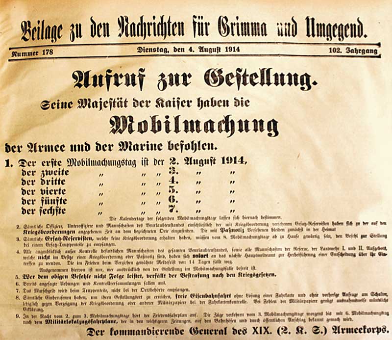 Mobilmachungsbefehl aus den Nachrichten für Grimma vom 4. August 1914