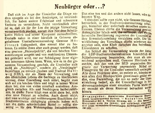 Artikel aus der LVZ, "Grimmaer Ausgabe" vom 2.3.1947