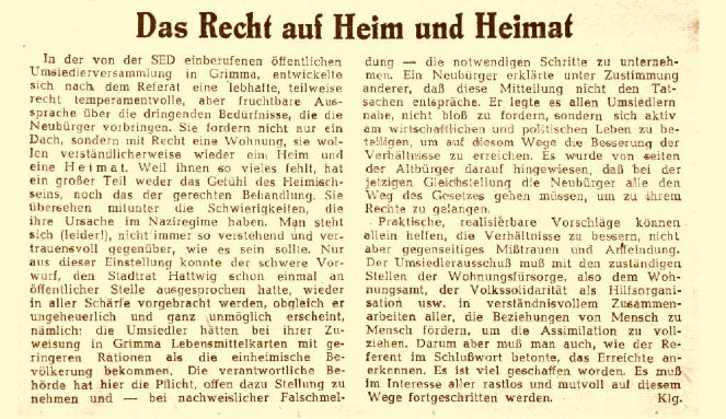 Artikel aus der LVZ, "Grimmaer Ausgabe" vom 24.5.1947