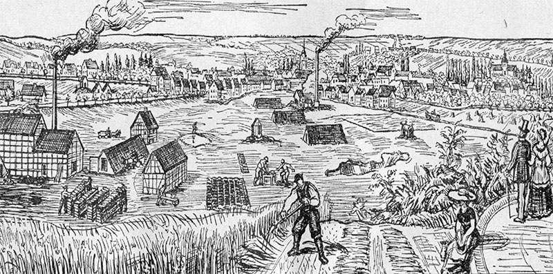 Meuselwitzer Gruben, 1854. Die Kohle wurde im Tiefbau abgebaut, heraufgebracht, unter Beimengung von Wasser getreten bzw. aufbereitet, in Formen gepresst und zum Trocknen aufgestapelt. Foto: Bräutigam