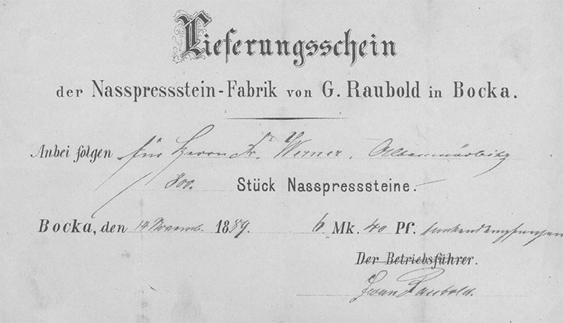 Lieferschein für Nasspresssteine, 14.November 1889