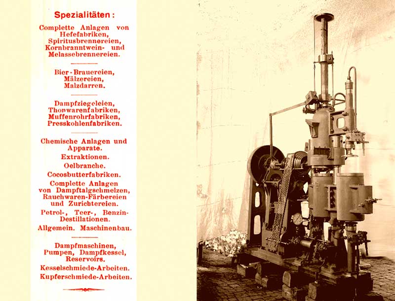 Pulverpresse, 1915. Die wichtigsten Erzeugnisse während des Krieges waren Pulverpressen und Einrichtungen für Muni- tionsfabriken. Die Maschinenbauanstalt belieferte alle großen Munitionsfabriken der Mittelmächte.