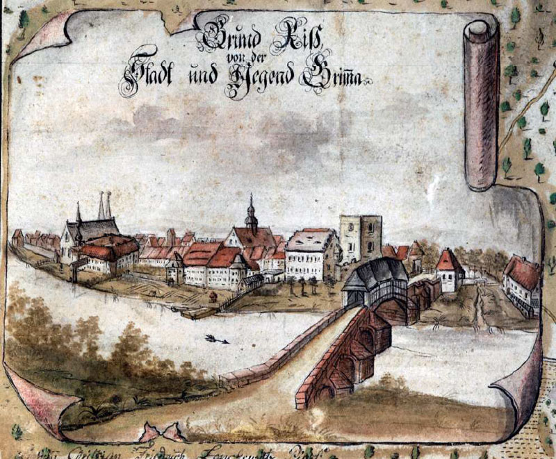 Detail eines Stadtplans von Grimma des Malers J. Chr. Fr. Lonckewitz, um 1800 Am rechten Bildrand das Schießhaus.