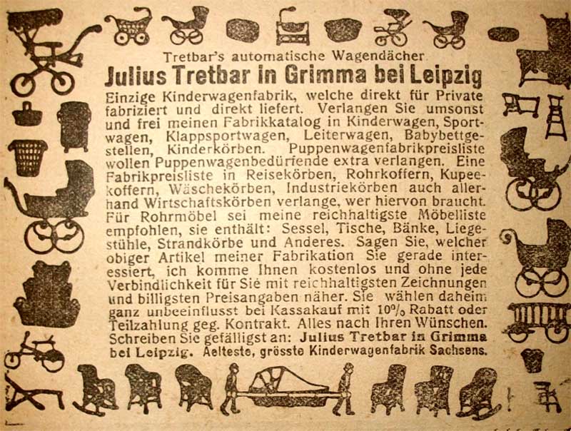 Werbung, Nachrichten für Grimma 1913. Neben Kinderwagen fertigte Tretbar auch Koffer, Korbmöbel und Anderes.
