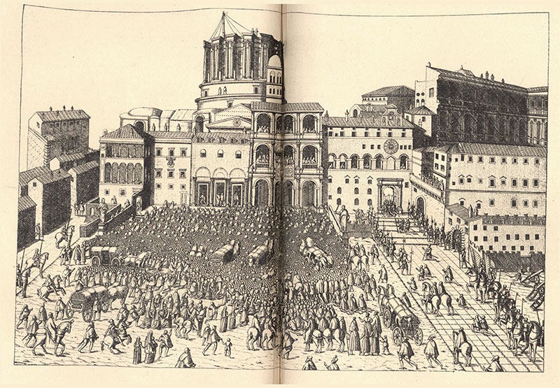 Der Papst erteilte vom Balkon aus seinen Segen. Im Hintergrund der noch unvollendete Turm der Peterskirche