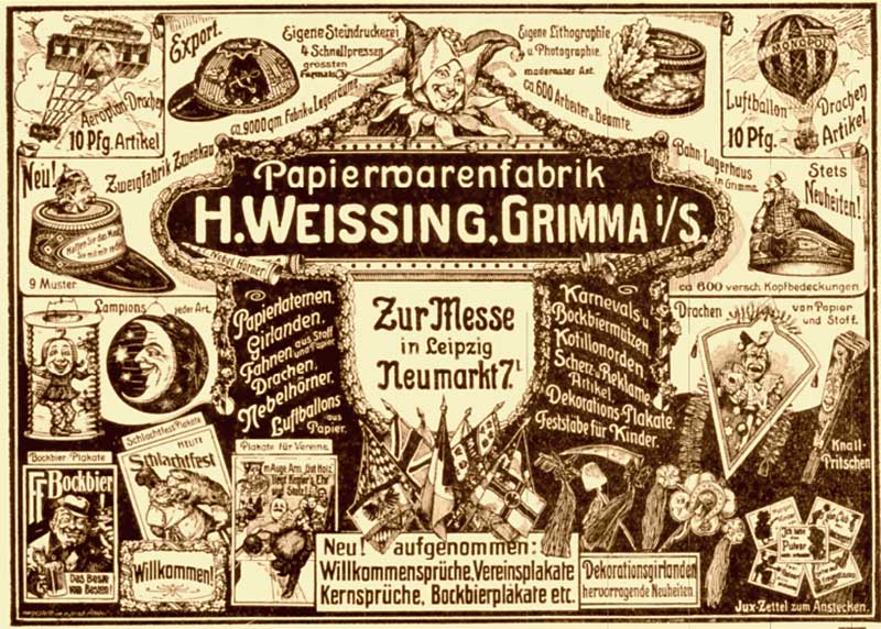 Werbung, Adressbuch 1913/14. Die Fabrik fertigte vor und nach dem Krieg eine Vielzahl verschiedener Scherz- und Festartikel.