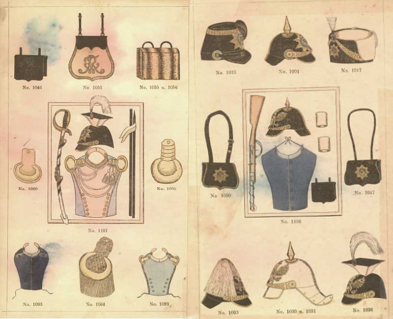 Militärrequisiten, Katalog um 1913. Hauptsächlich für das Weihnachtsgeschäft fertigte die Firma Uniformen für Kinder in den verschiedensten Ausführungen.