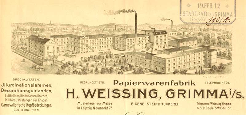 Produktionsgelände der Papierwarenfabrik H. Weißing, Briefkopf 1912